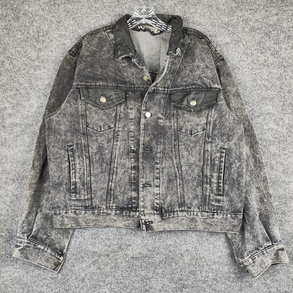 Vintage Expressions Jacket Mens Large Gray Acid Wash Denim Biker Grunge 80s